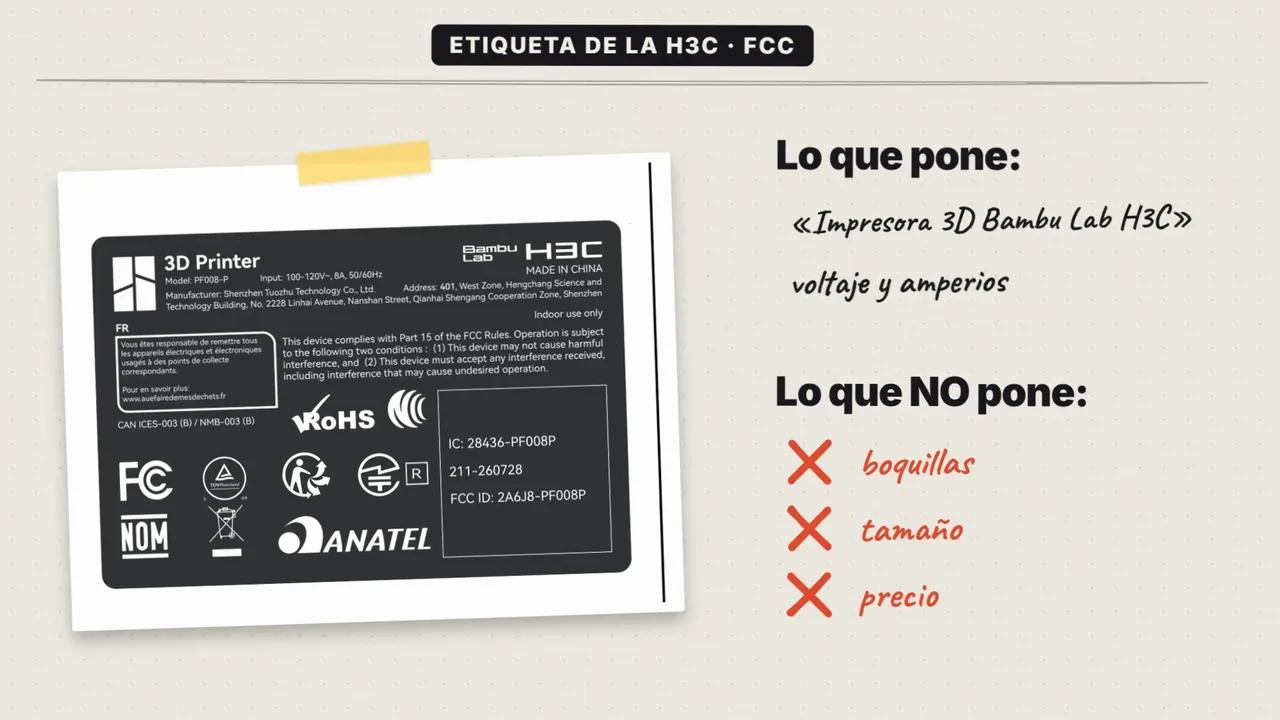 La etiqueta de la Bambu Lab H3C en la FCC: pone impresora 3D Bambu Lab H3C, voltaje y amperios, pero no boquillas, tamaño ni precio