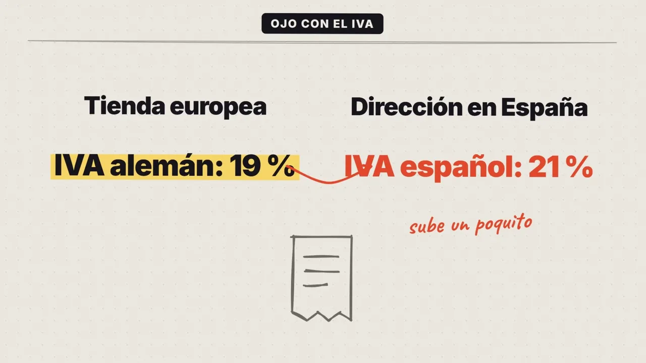 Gráfico del vídeo: la tienda europea de Bambu Lab muestra el IVA alemán del 19 % y con dirección en España se aplica el IVA español del 21 %