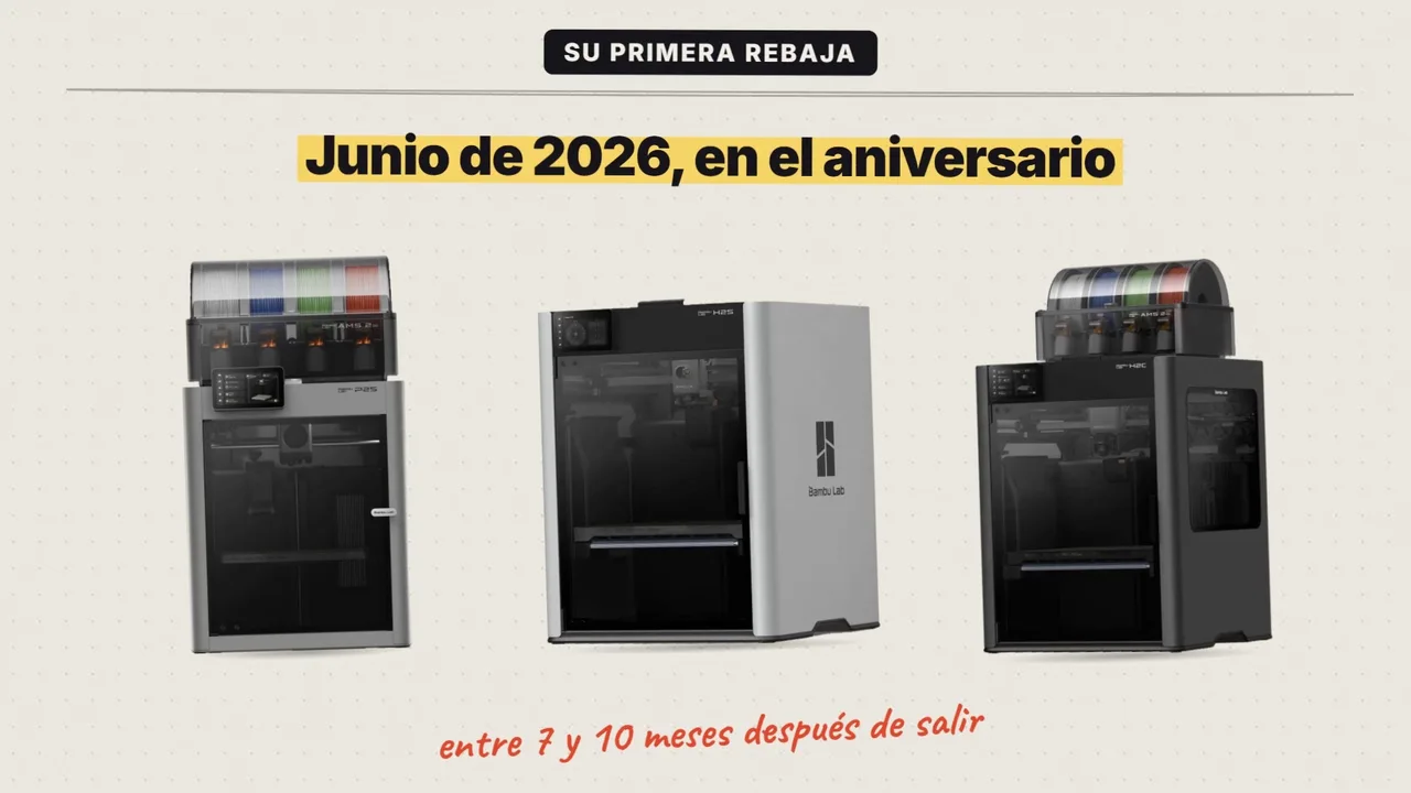 Gráfico del vídeo con la P2S, la H2S y la H2C: su primera rebaja llegó en junio de 2026, en el aniversario, entre 7 y 10 meses después de salir