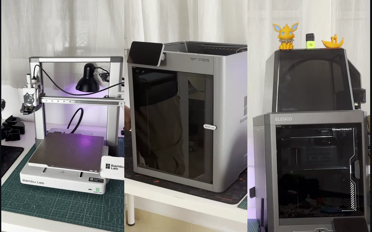 Las tres impresoras del taller: Bambu Lab A1, Bambu Lab P2S y Elegoo Centauri Carbon 2