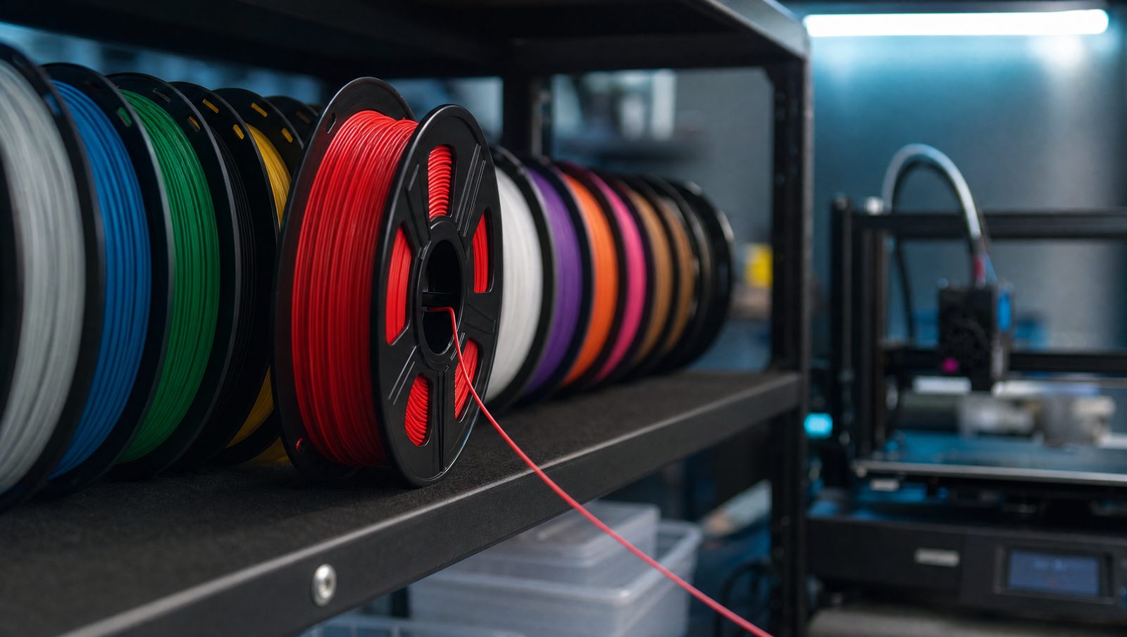 Bobinas de filamento PLA de colores en un taller de impresión 3D