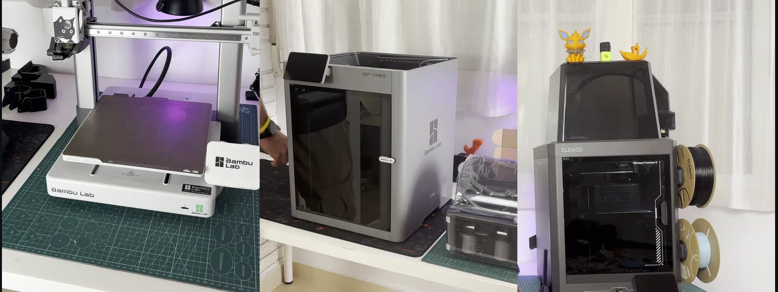 Las tres impresoras de mi taller: Bambu Lab A1, Bambu Lab P2S y Elegoo Centauri Carbon 2