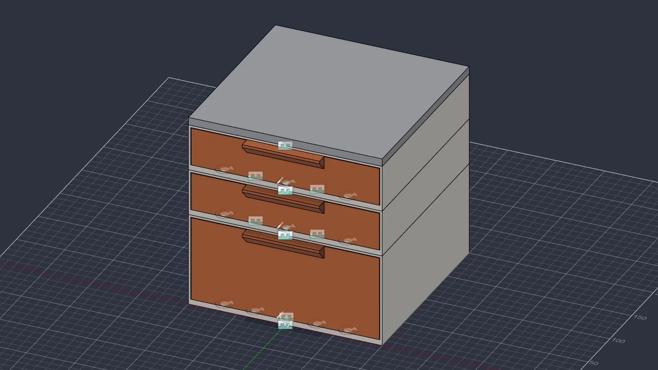 Cajonera modular en Fusion 360: tres módulos apilados en gris con los frentes de los cajones en naranja y una tapa encima