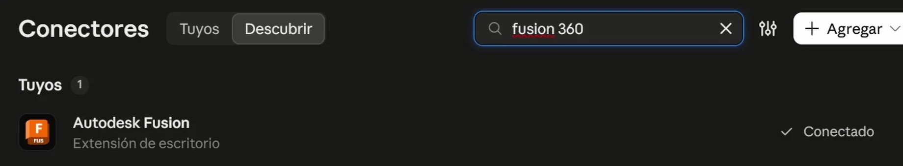 Pantalla de Conectores de la app de Claude buscando «fusion 360»: Autodesk Fusion, extensión de escritorio, conectado