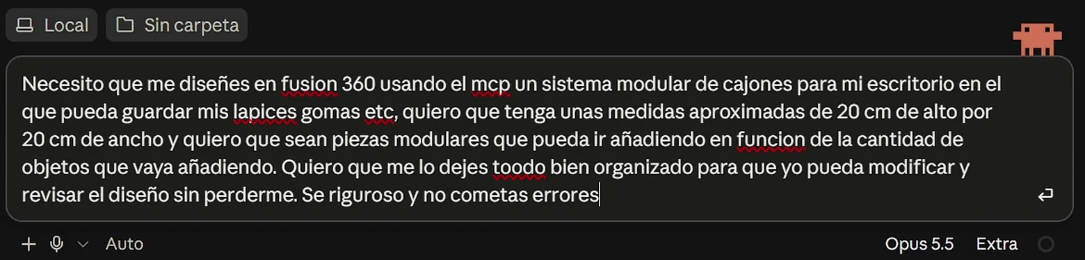 El mensaje escrito en la caja de texto de la app de Claude, con faltas como «lapices», «toodo» y «Se riguroso»; abajo a la derecha, Opus 5.5 y Extra
