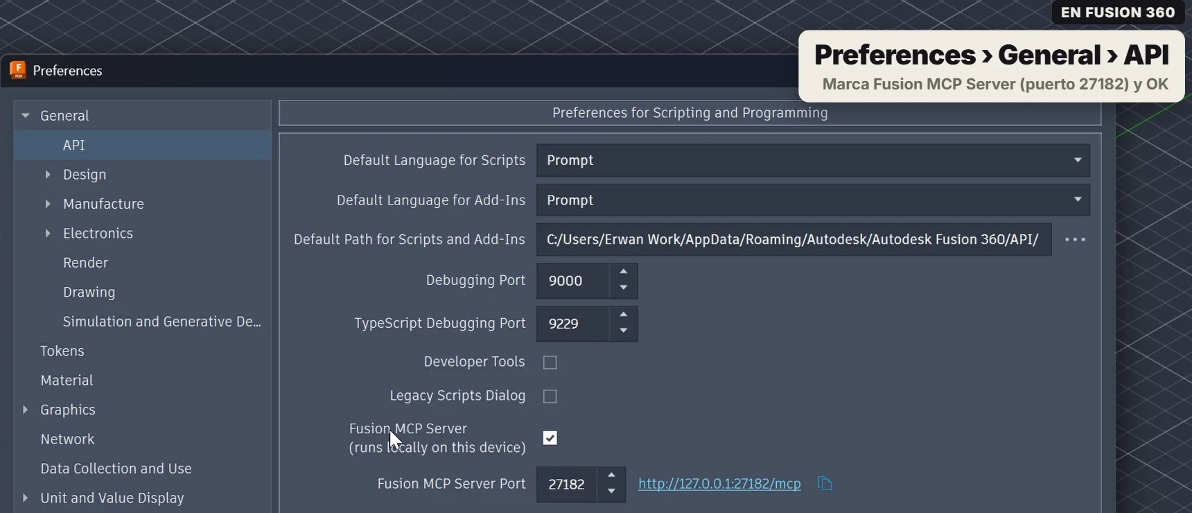 Preferencias de Fusion 360 en inglés, en General › API, con la casilla Fusion MCP Server marcada y el puerto 27182