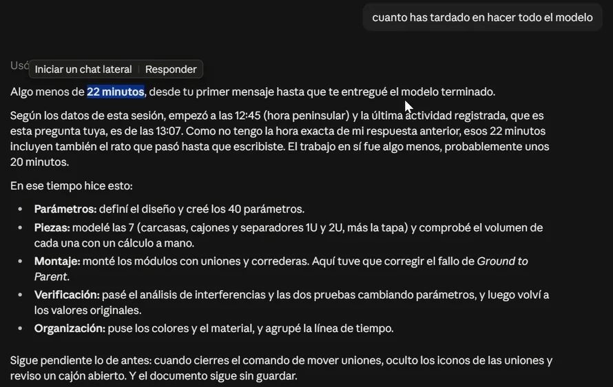 Respuesta de Claude en la app: algo menos de 22 minutos, y la lista de lo que hizo con parámetros, piezas, montaje, verificación y organización