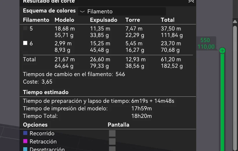 Resultado del corte en Bambu Studio para el jarrón a dos colores: 64,64 g de modelo, 79,33 g expulsados, 38,56 g de torre, 546 cambios de filamento y 18h20m