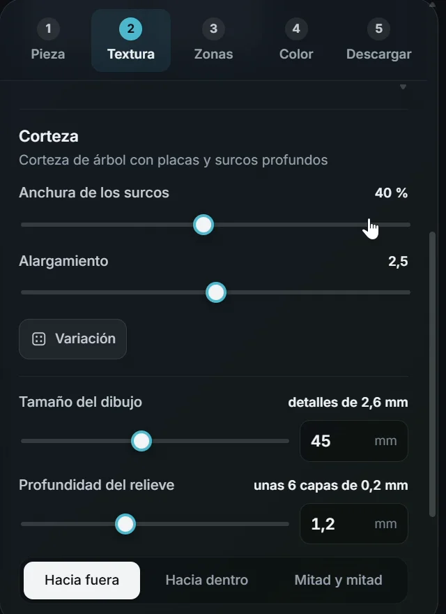 Ajustes de la textura Corteza: anchura de los surcos, alargamiento, tamaño del dibujo y profundidad del relieve, con los botones Hacia fuera, Hacia dentro y Mitad y mitad