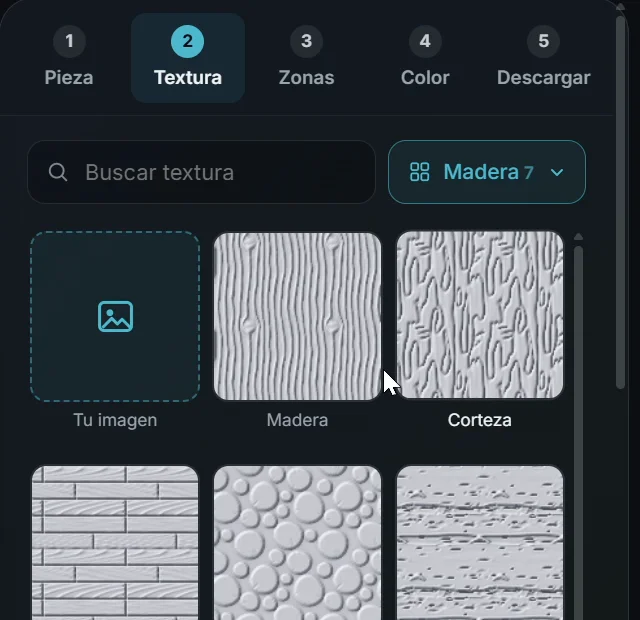 Paso Textura del texturizador con el tema Madera abierto: Tu imagen, Madera y Corteza seleccionada
