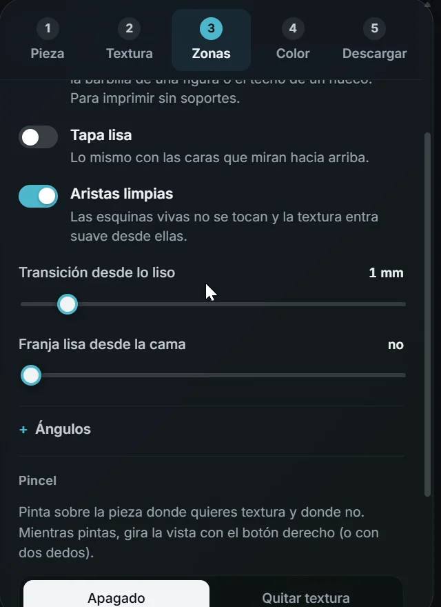 Paso Zonas del texturizador: tapa lisa, aristas limpias, transición desde lo liso, franja lisa desde la cama y el pincel