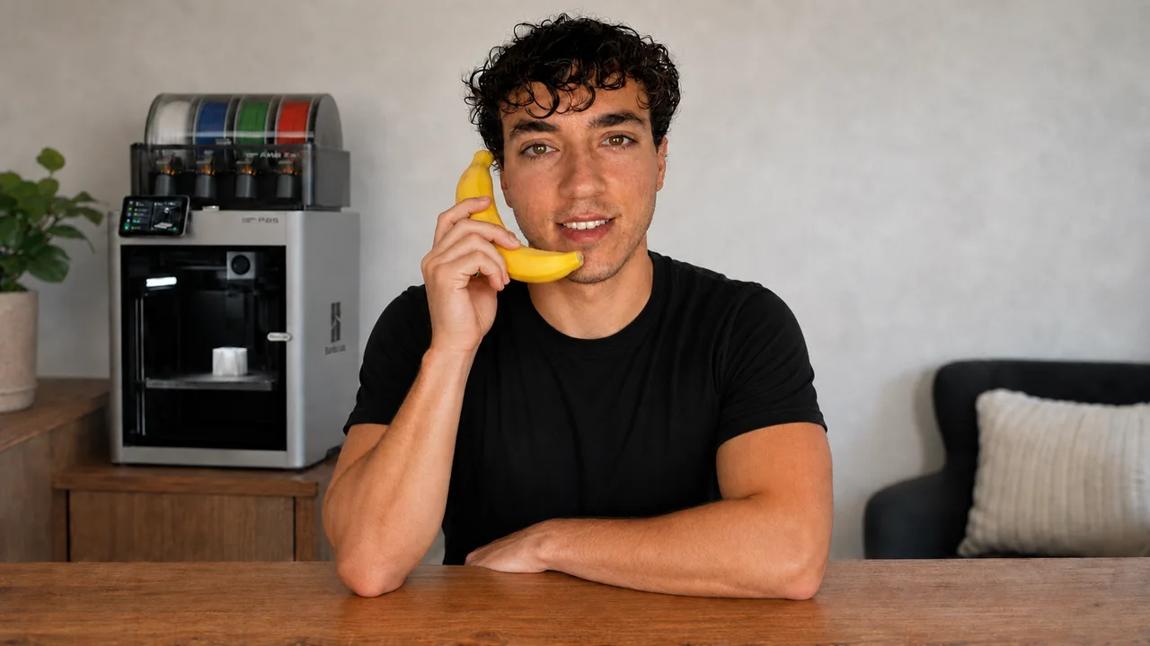 Erwan atendiendo con un plátano a modo de teléfono, con su Bambu Lab P2S detrás