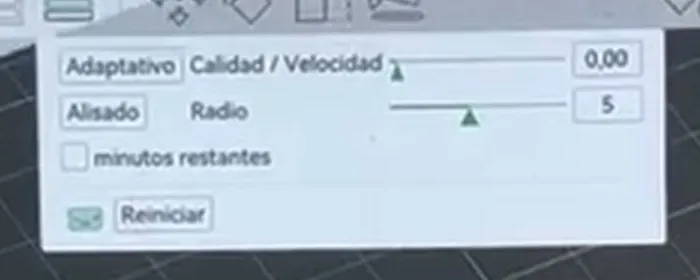 Panel de altura de capa variable de Bambu Studio con el deslizador Calidad / Velocidad a 0,00, los botones Adaptativo y Alisado, Radio a 5 y el botón Reiniciar