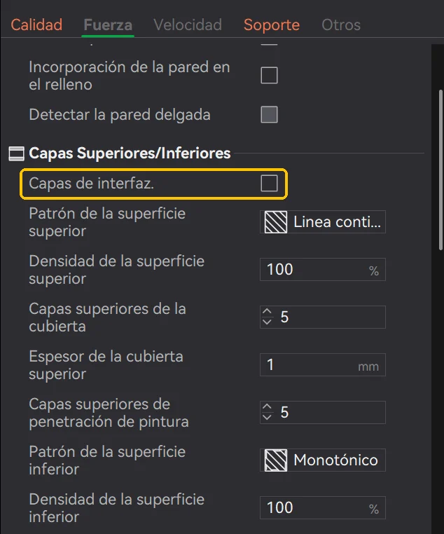 Pestaña Fuerza de Bambu Studio con la casilla Capas de interfaz desmarcada