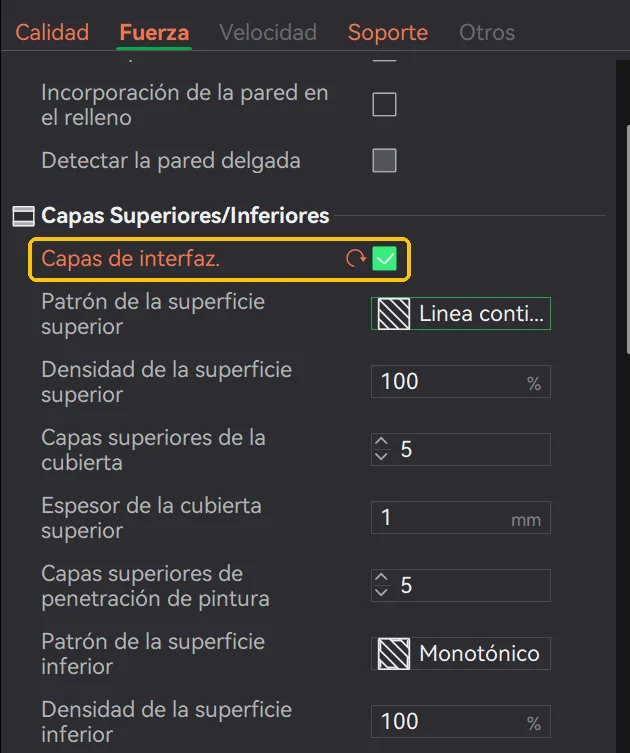 Pestaña Fuerza de Bambu Studio con la casilla Capas de interfaz marcada