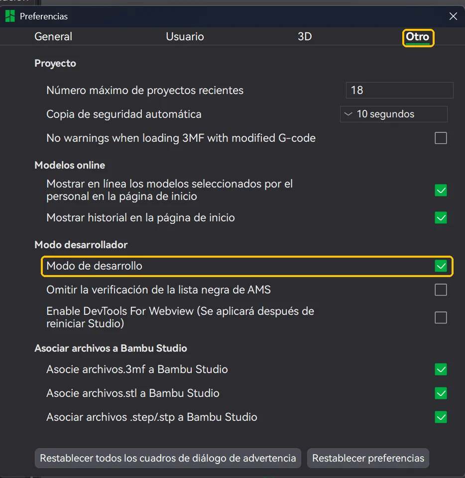 Ventana de Preferencias de Bambu Studio en la pestaña Otro con la casilla Modo de desarrollo marcada