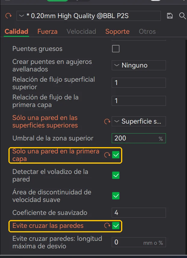 Pestaña Calidad de Bambu Studio con Solo una pared en la primera capa y Evite cruzar las paredes activados