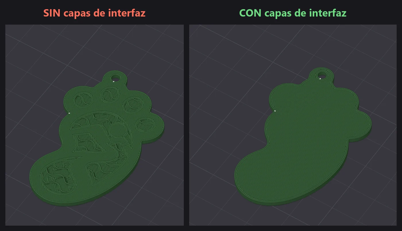 Vista previa de Bambu Studio de la capa debajo del relieve: sin capas de interfaz se marcan los contornos del dibujo; con capas de interfaz la capa sale lisa
