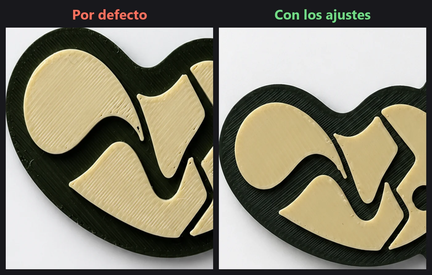 Detalle del relieve del llavero: con los ajustes por defecto se ven huecos entre las líneas; con los ajustes de la guía la superficie sale cerrada