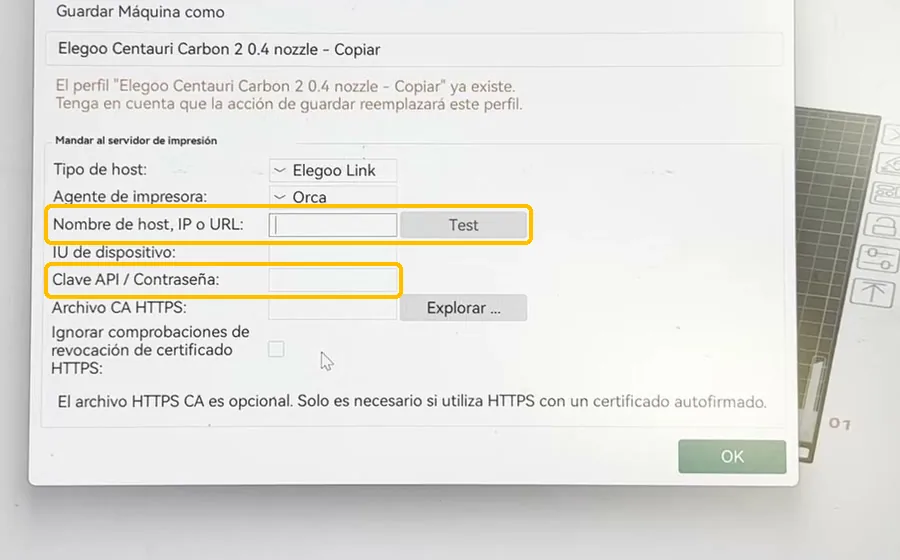 Ventana de impresora física de Orca Slicer con Tipo de host Elegoo Link y Agente de impresora Orca, y las casillas Nombre de host, IP o URL, Test y Clave API / Contraseña recuadradas en amarillo
