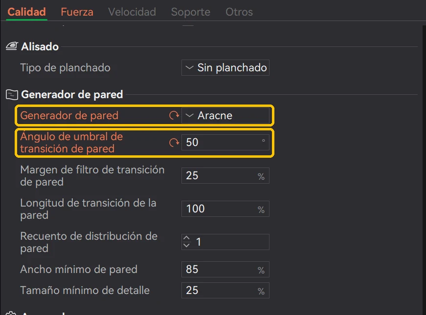 Pestaña Calidad de Bambu Studio con Generador de pared en Aracne y Ángulo de umbral de transición de pared en 50, recuadrados en amarillo