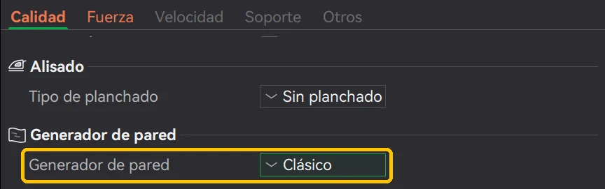 Pestaña Calidad de Bambu Studio con el Generador de pared en Clásico, recuadrado en amarillo