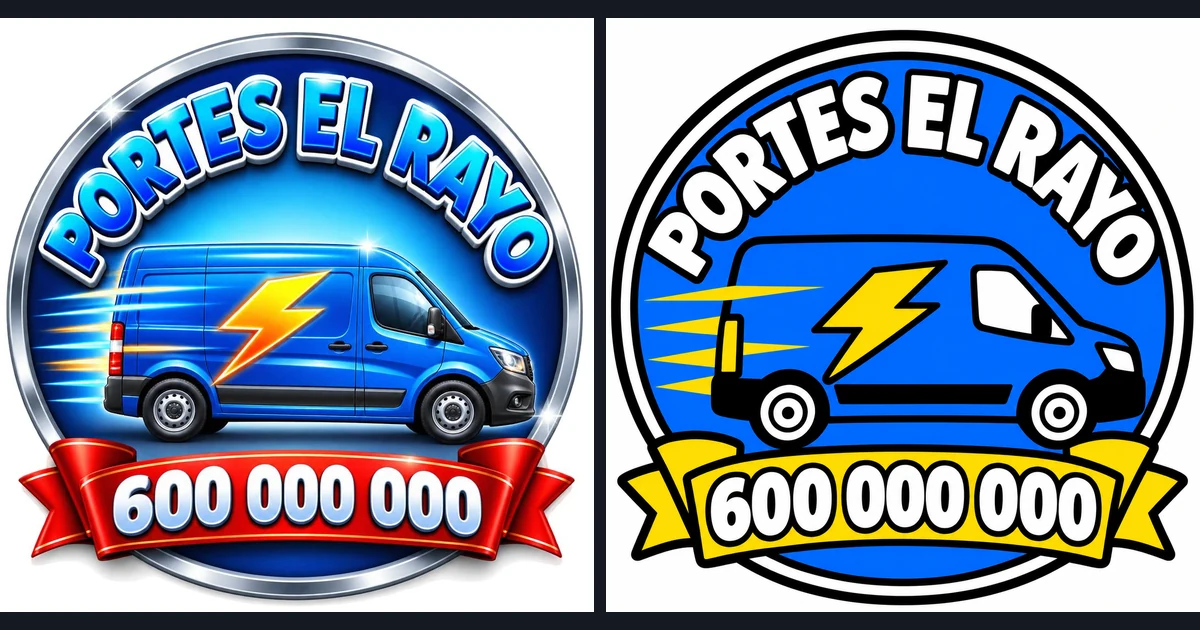 A la izquierda, el logo de una empresa de portes en una insignia metálica, con letras en relieve, una furgoneta con reflejos, un rayo y el teléfono en una cinta roja; a la derecha, el mismo logo en blanco, negro, azul y amarillo planos