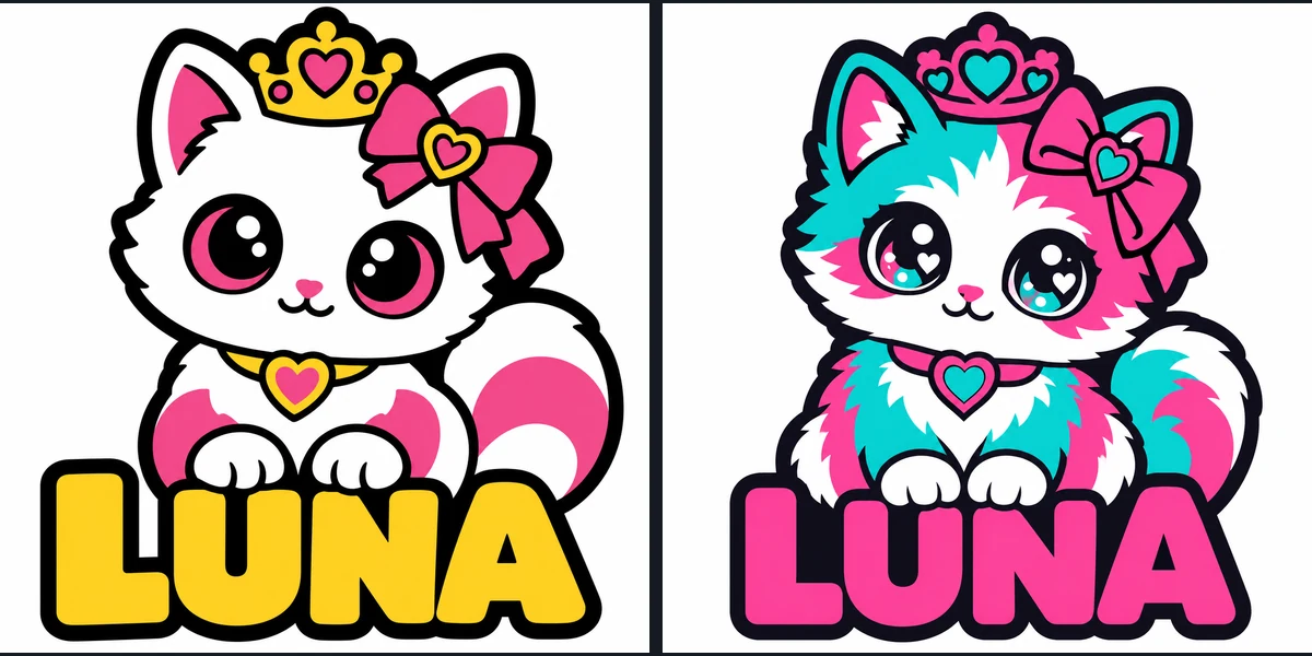 Dos versiones de la gatita LUNA: una en blanco, negro, amarillo y rosa, y otra en negro, blanco, rosa y turquesa