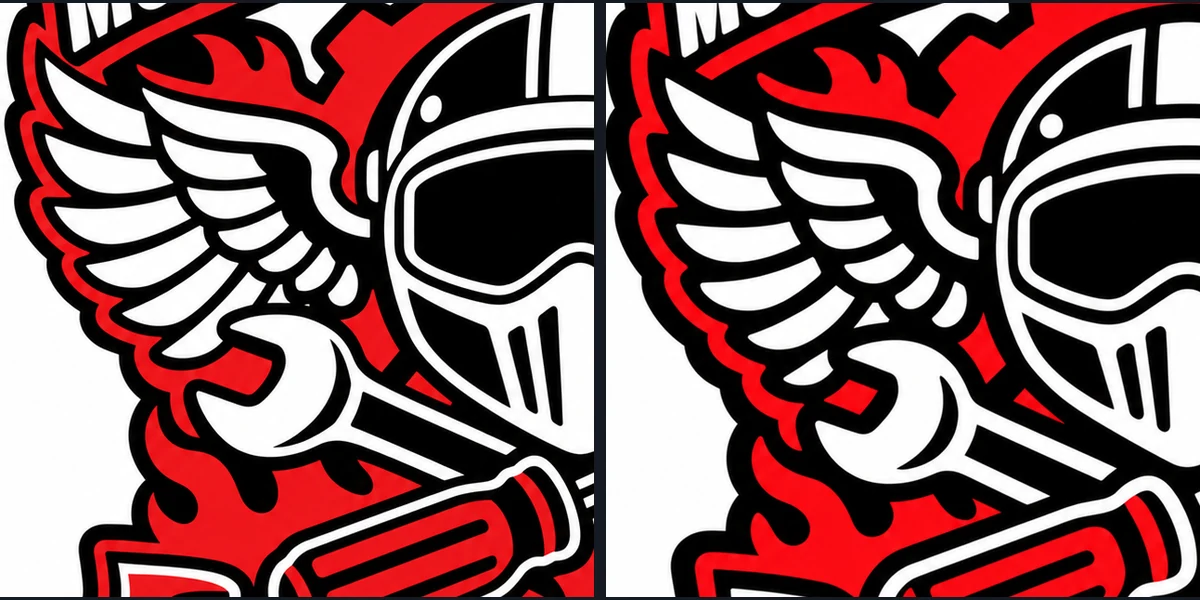Detalle del ala y el casco del logo de los moteros antes y después de pedir las líneas el doble de gruesas: a la derecha, los contornos son más gruesos
