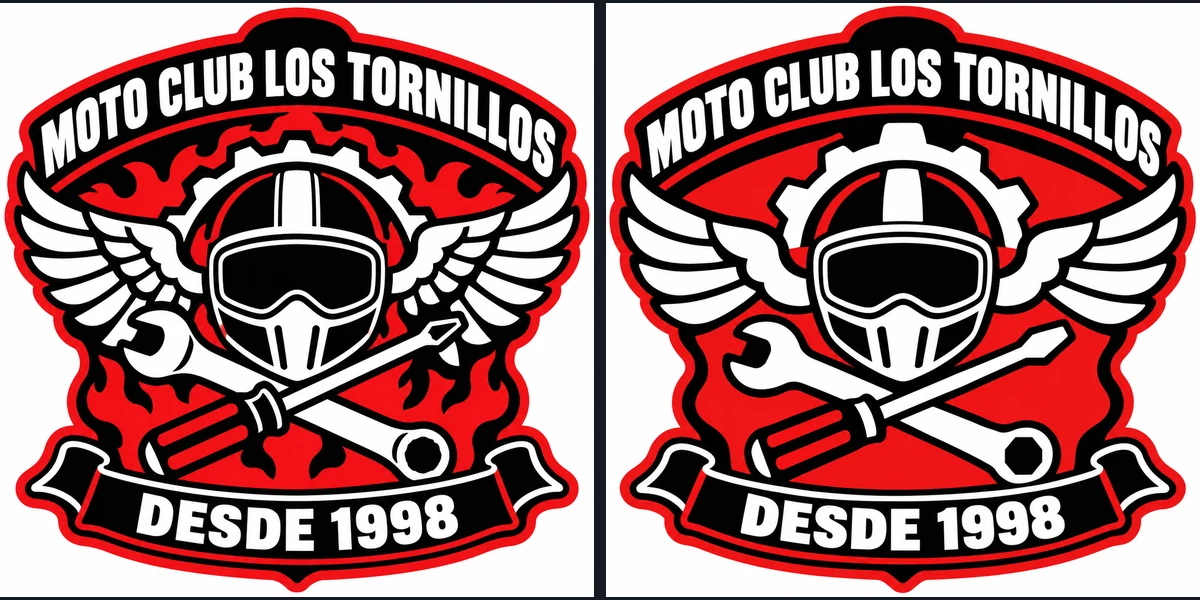 El logo de los moteros con llamas detrás del casco y el mismo logo simplificado, sin llamas y con los textos iguales