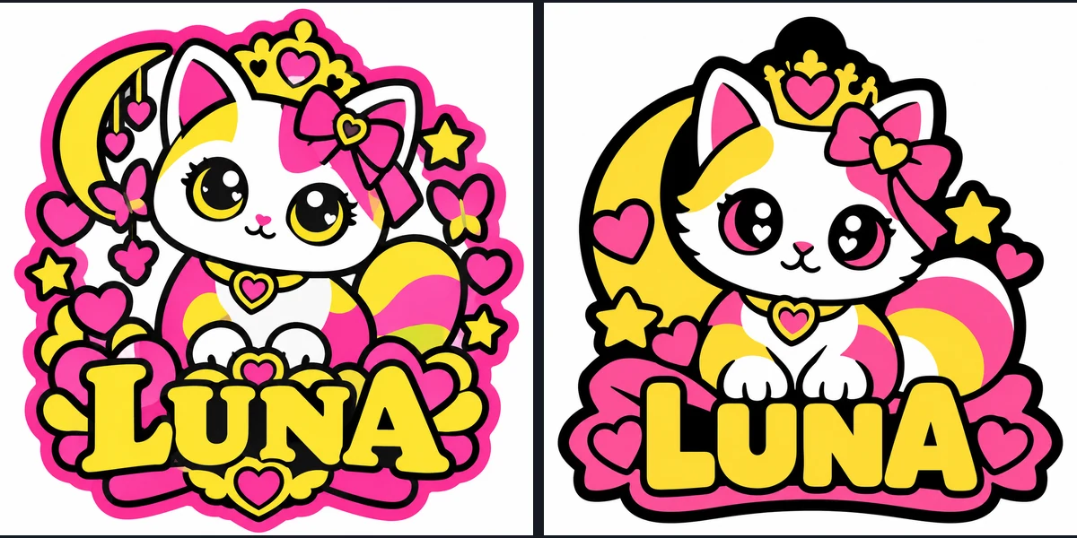 Dos resultados de ChatGPT con la gatita LUNA: el de la cuenta gratis, con luna, mariposas y estrellas y el nombre con remates, y el de la cuenta de pago, más limpio, con letra gruesa y una pestaña arriba para la anilla