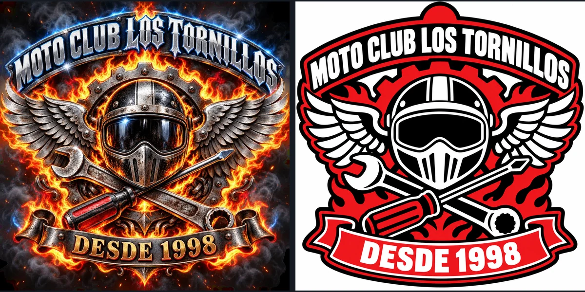 Logo recargado de un club de moteros con llamas, alas metálicas y un casco, y el mismo logo en negro, blanco y rojo planos con los textos MOTO CLUB LOS TORNILLOS y DESDE 1998