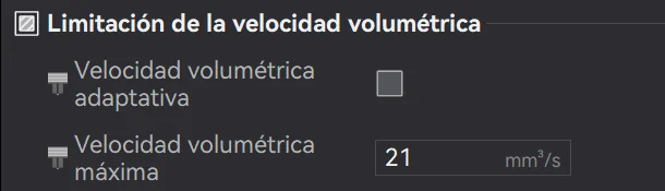 Ajustes del filamento Bambu PLA Basic en Bambu Studio: Limitación de la velocidad volumétrica, con la velocidad volumétrica máxima en 21 mm³/s