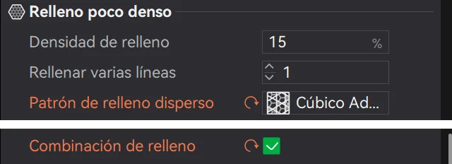 Pestaña Fuerza de Bambu Studio con el patrón de relleno disperso en Cúbico adaptativo y la casilla Combinación de relleno marcada