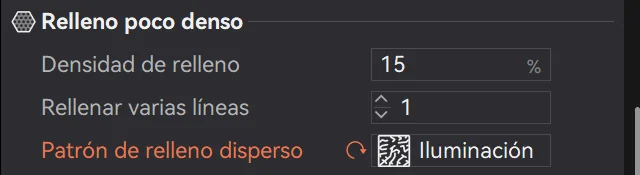 Pestaña Fuerza de Bambu Studio, bloque Relleno poco denso: densidad 15 % y Patrón de relleno disperso en Iluminación