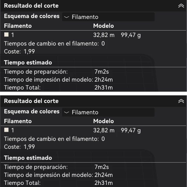 Dos paneles de Resultado del corte de Bambu Studio: con las velocidades de serie y con las velocidades un 50 % más altas, los dos con Tiempo Total 2h31m y 99,47 g