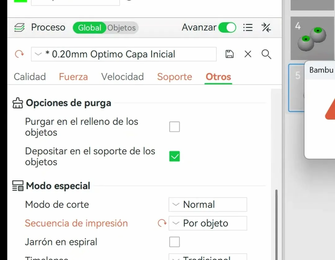 Pestaña Otros del panel Proceso de Bambu Studio con el bloque Modo especial y la Secuencia de impresión en Por objeto