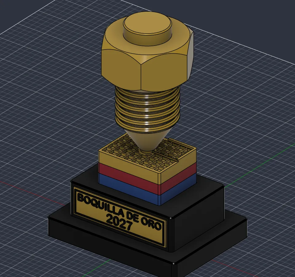 El trofeo en Fusion 360 con la placa cambiada a BOQUILLA DE ORO 2027 tras cambiar un parámetro