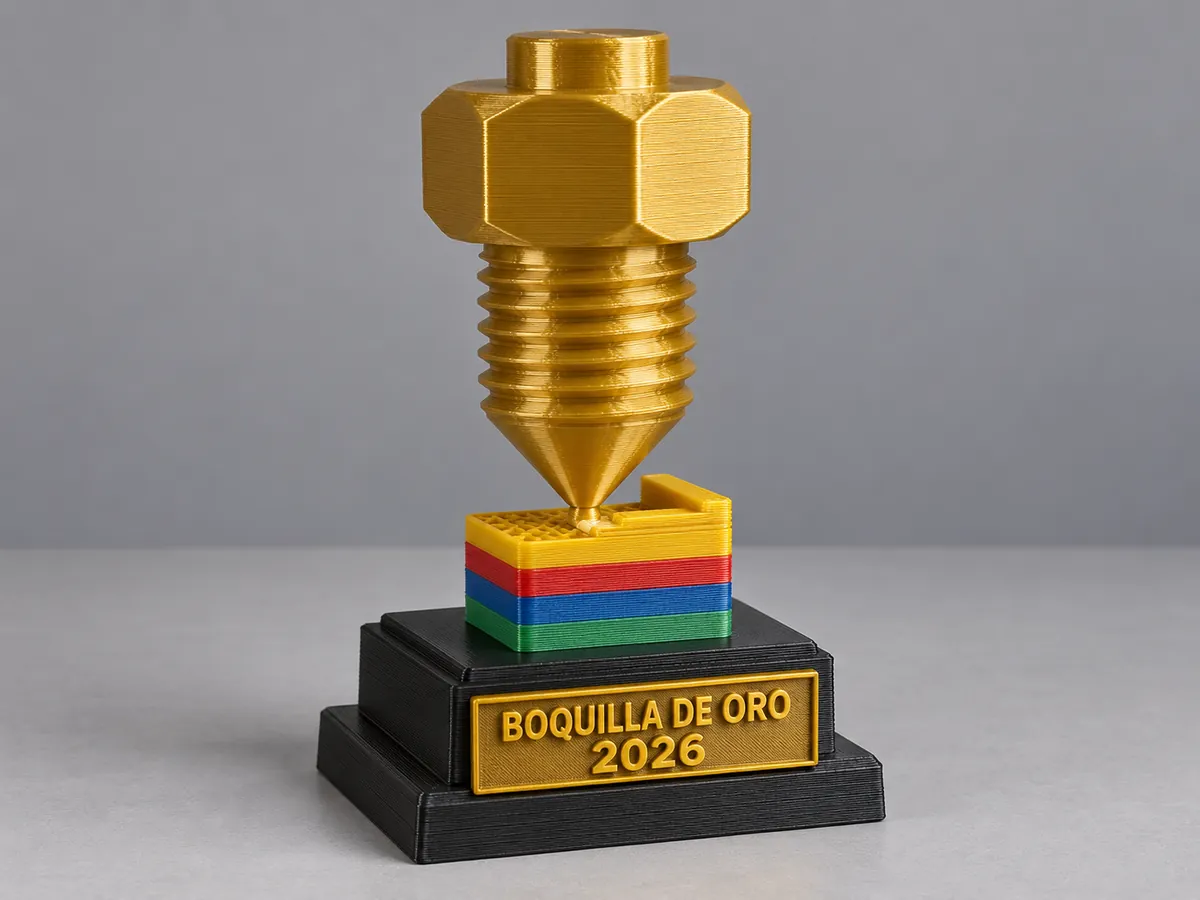 Imagen generada con Codex: trofeo con una boquilla dorada gigante sobre un bloque de cuatro franjas de colores y una peana negra con la placa BOQUILLA DE ORO 2026