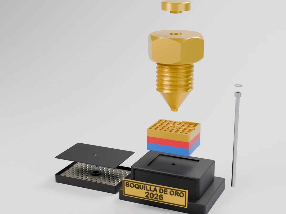 Render del despiece del trofeo en orden de montaje: tapa redonda, boquilla, bloque, peana con su placa, caja del peso con su tapa y el tornillo