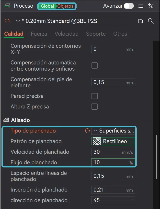 Pestaña Calidad de Bambu Studio con el bloque Alisado: Tipo de planchado en Superficies superiores, Patrón Rectilíneo, Velocidad de planchado 30 mm/s y Flujo de planchado 10 por cien, recuadrados