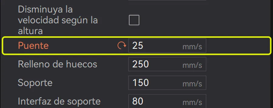 Pestaña Velocidad de Bambu Studio con el ajuste Puente a 25 mm/s, recuadrado en amarillo