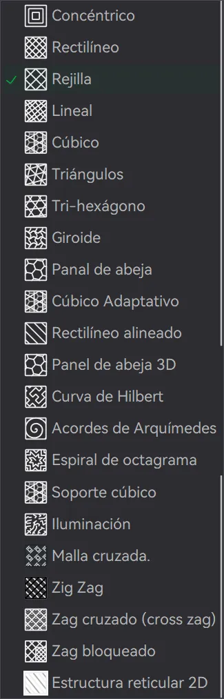 Desplegable Patrón de relleno disperso de Bambu Studio con los 22 patrones, de Concéntrico a Estructura reticular 2D