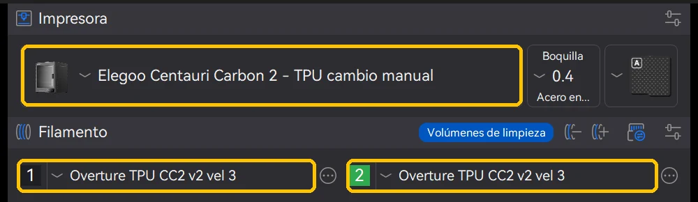 Panel de ElegooSlicer con la impresora Elegoo Centauri Carbon 2 - TPU cambio manual y dos filamentos, el 1 y el 2, los dos Overture TPU CC2 v2 vel 3, recuadrados en amarillo