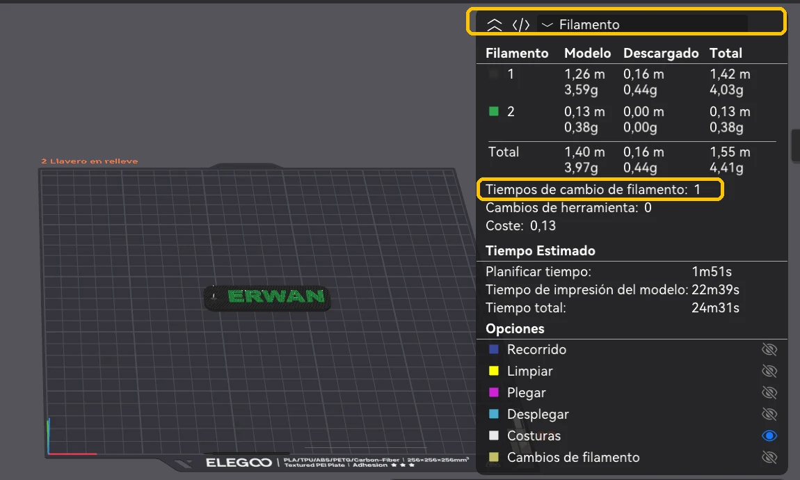 Previsualización de ElegooSlicer del llavero ERWAN con los colores por filamento y el cuadro de estadísticas con Tiempos de cambio de filamento 1 recuadrado en amarillo