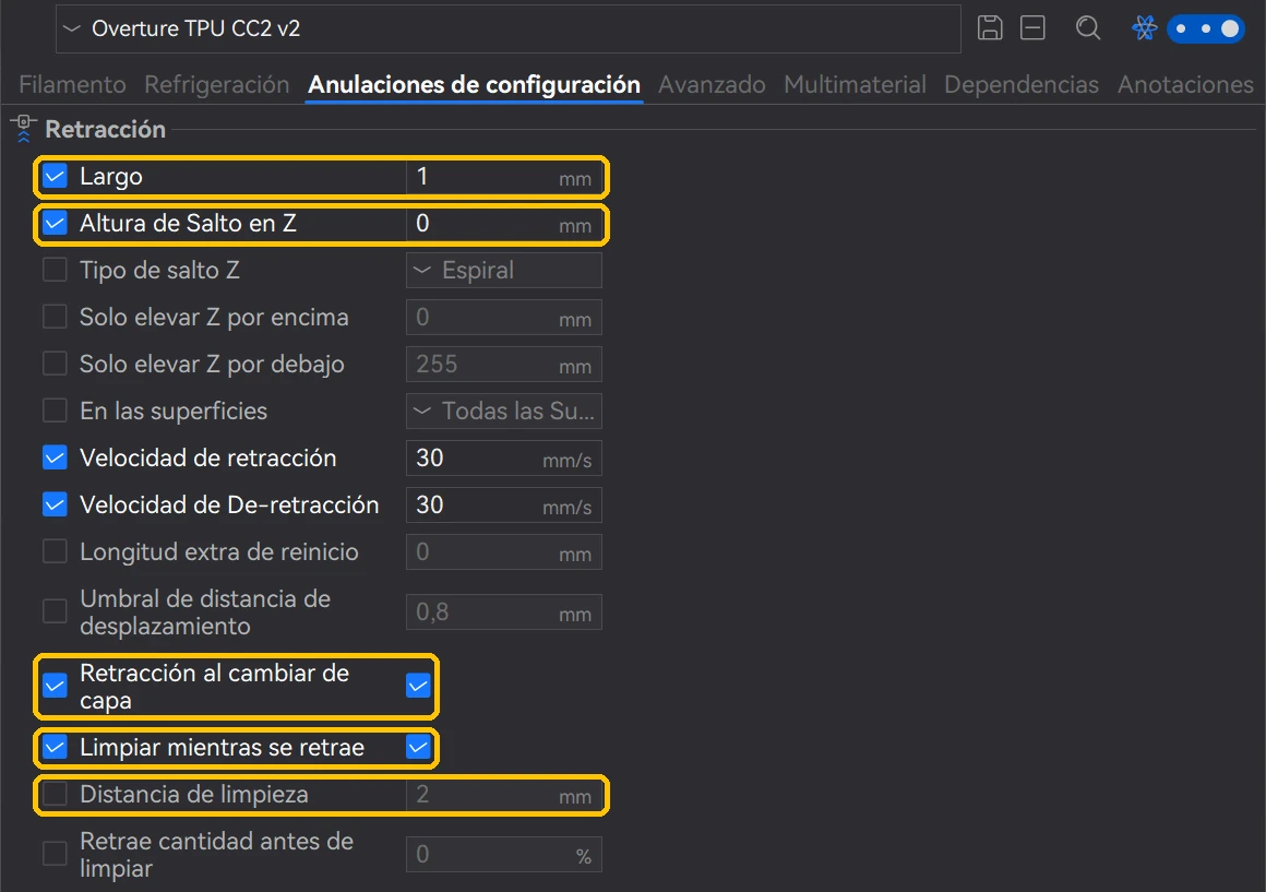 Pestaña Anulaciones de configuración de ElegooSlicer: Largo 1 mm y Altura de Salto en Z 0 con la casilla marcada, Retracción al cambiar de capa y Limpiar mientras se retrae activados, y Distancia de limpieza 2 mm en gris