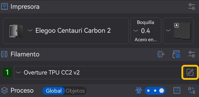 Barra lateral de ElegooSlicer con la impresora Elegoo Centauri Carbon 2 y el filamento Overture TPU CC2 v2, con el lápiz de editar el filamento recuadrado en amarillo