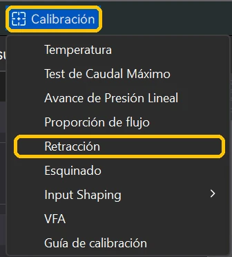 Menú Calibración de ElegooSlicer con la opción Retracción recuadrada en amarillo