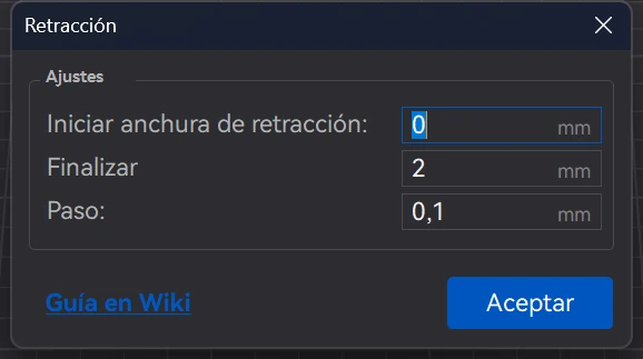 Ventana del test de retracción de ElegooSlicer con inicio 0, final 2 y paso 0,1