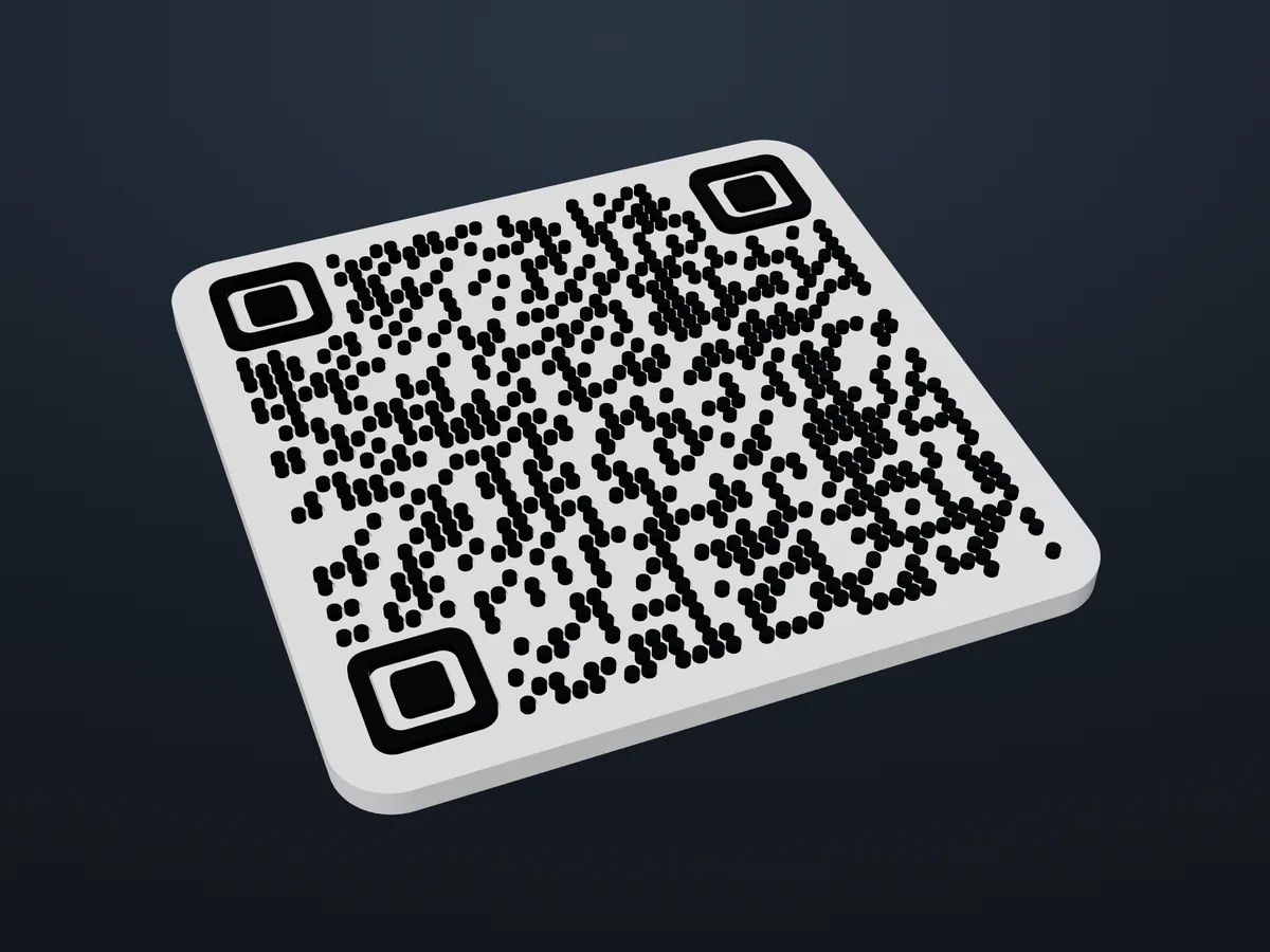 Vista 3D del generador: placa cuadrada con un código QR hecho de puntos